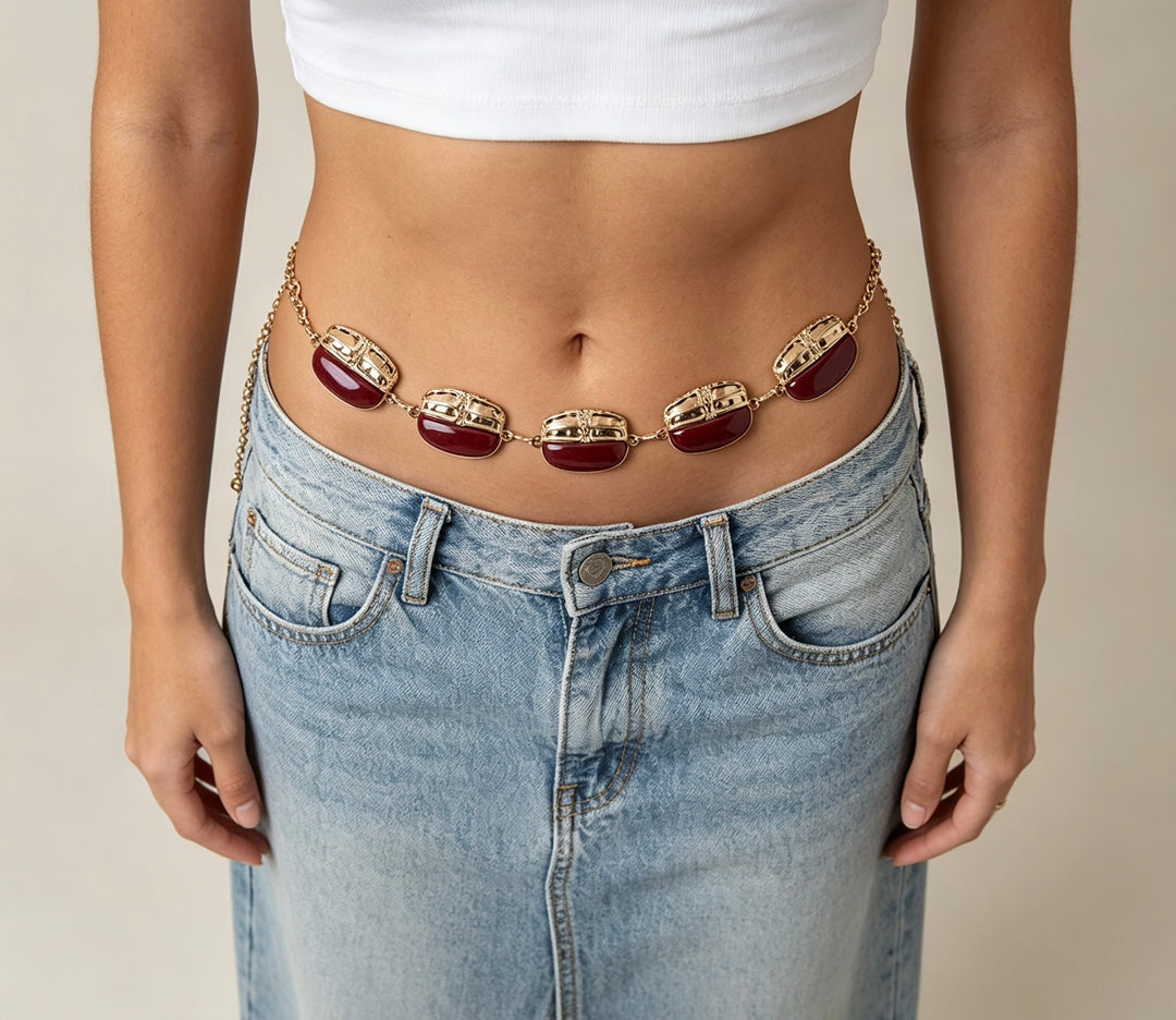 Women’s Red Enamel Waist Chain Gold Tone Belt