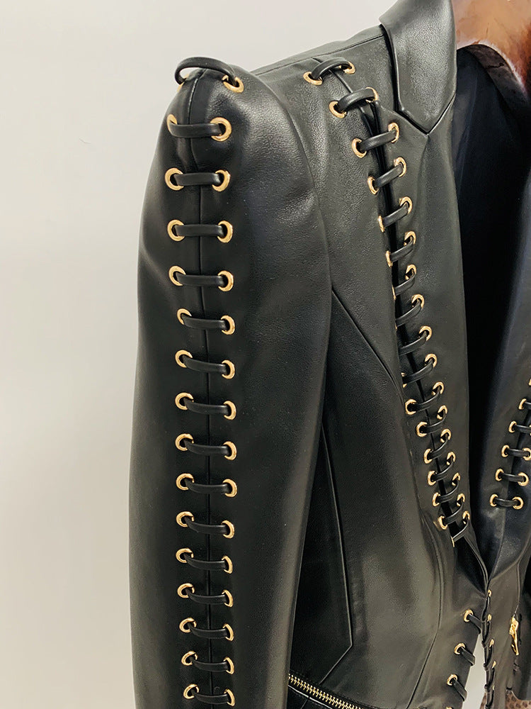 Women slim fit lace up faux leather jacket