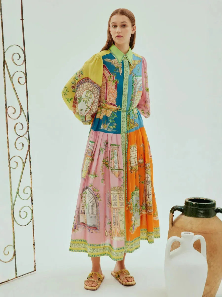 Colorblock print long lantern sleeve maxi dress