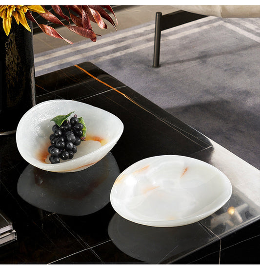 Light Luxury Marble Fruit Plate Natural White Jade Decorative Bowl