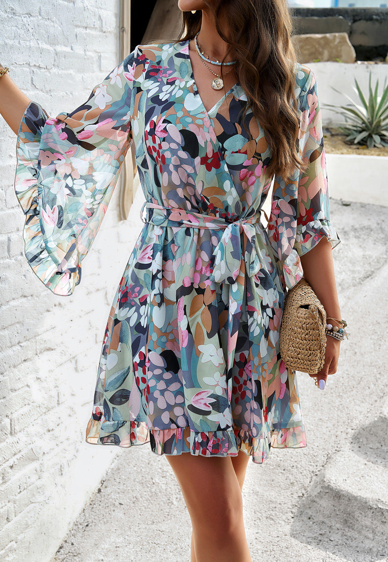 Ruffle Floral Wrap Mini Dress Boho Summer Dress