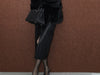 High Waisted A-Line Leather Midi Skirt with Front Slit