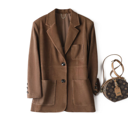 Genuine Leather Suede Jacket Oversized Suit Coat for Women