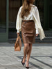 Brown Genuine Leather High Waist Skirt Women’s With Slit