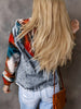 Oversized Aztec Denim Jacket with Hood and Tribal Sleeves