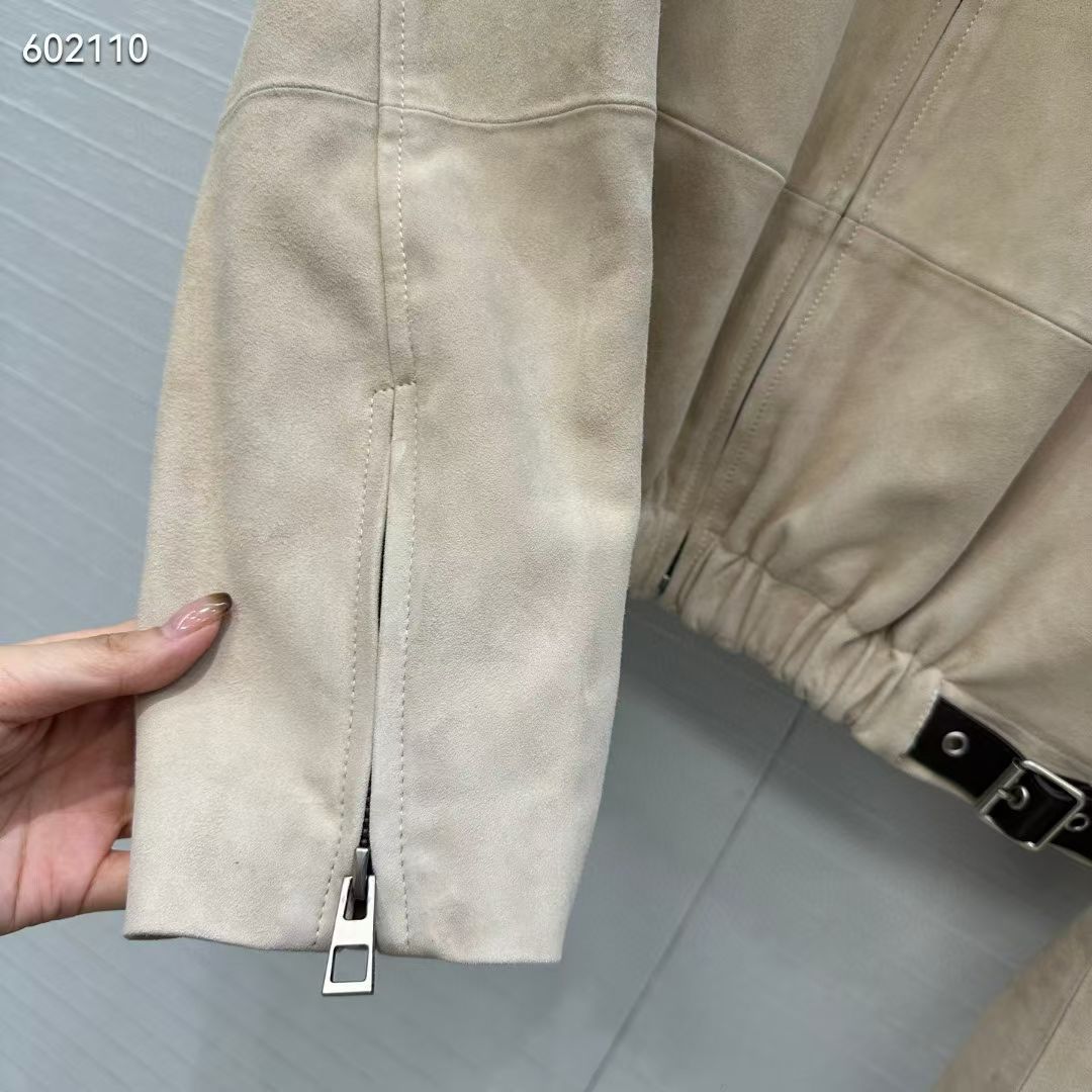 Women Beige Suede Bomber Jacket With Buckle Detail