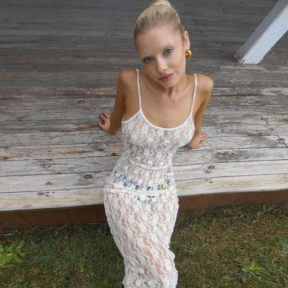 Sheer lace camisole midi dress for women