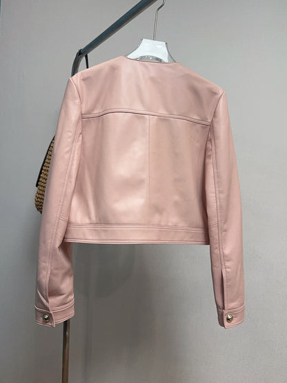 Women Cropped Leather Jacket Round Neck with Gold Buttons