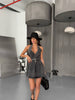 Women’s Denim Halter Mini Dress – Backless Belted Jean Dress