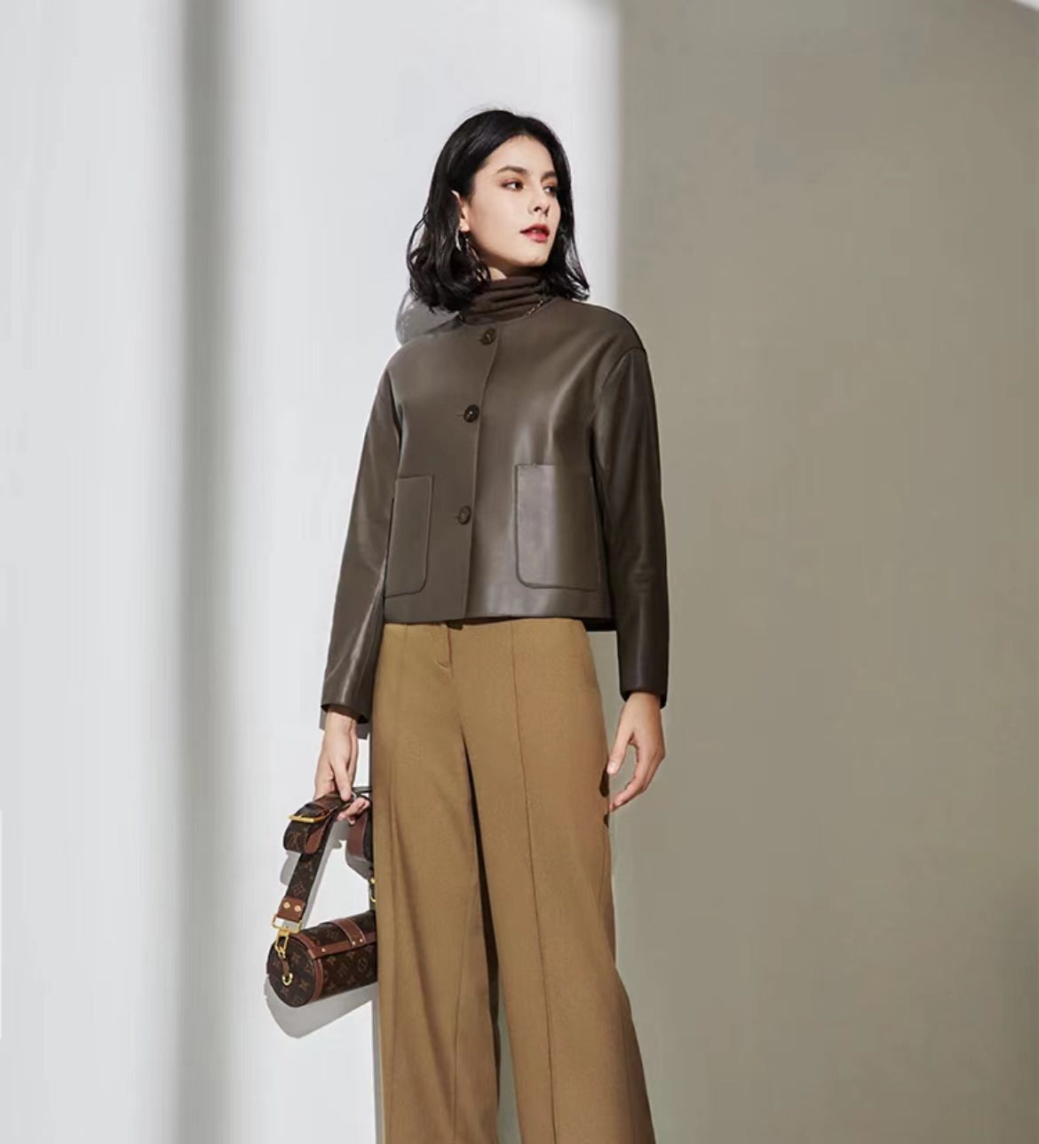 Round neck cropped sheepskin leather jacket