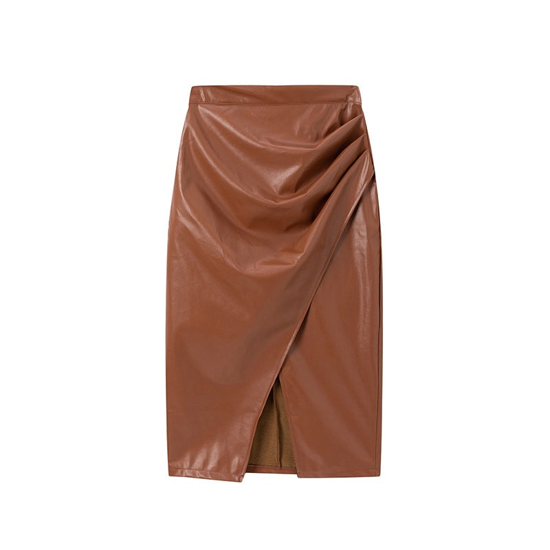 High Waisted PU Leather Wrap Skirt with Slit