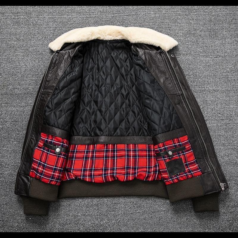 Black Leather Aviator Jacket Mens with Shearling Collar