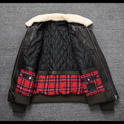 Black Leather Aviator Jacket Mens with Shearling Collar