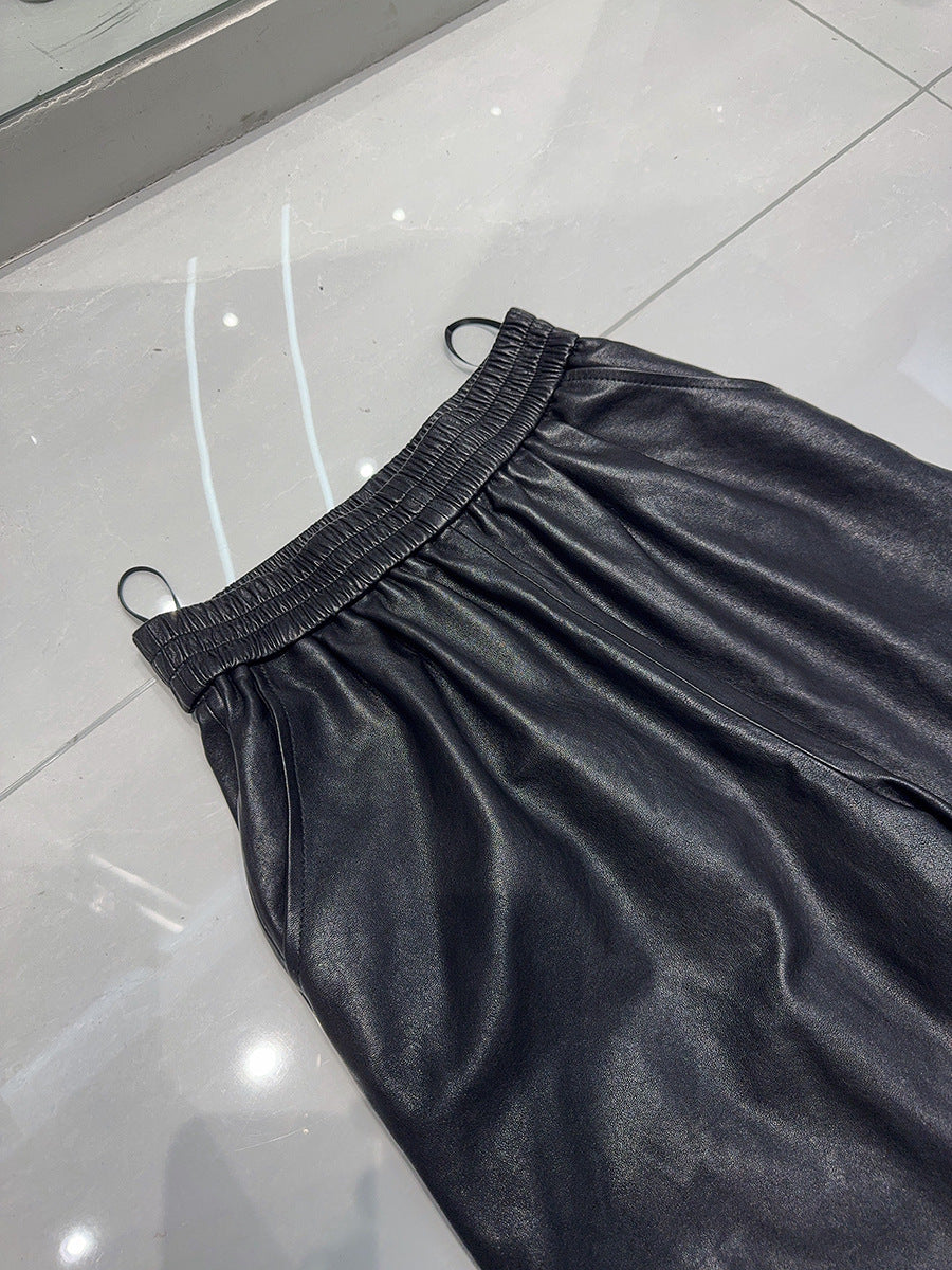Women Wide Leg Leather Pants High Waisted Nine Point Trousers