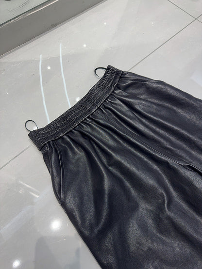 Women Wide Leg Leather Pants High Waisted Nine Point Trousers