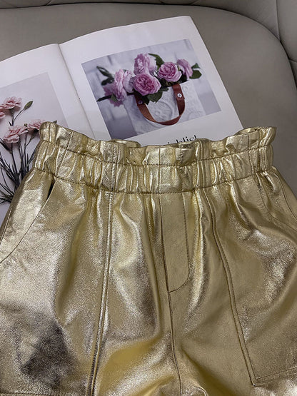 Gold High Waist Women Leather Shorts