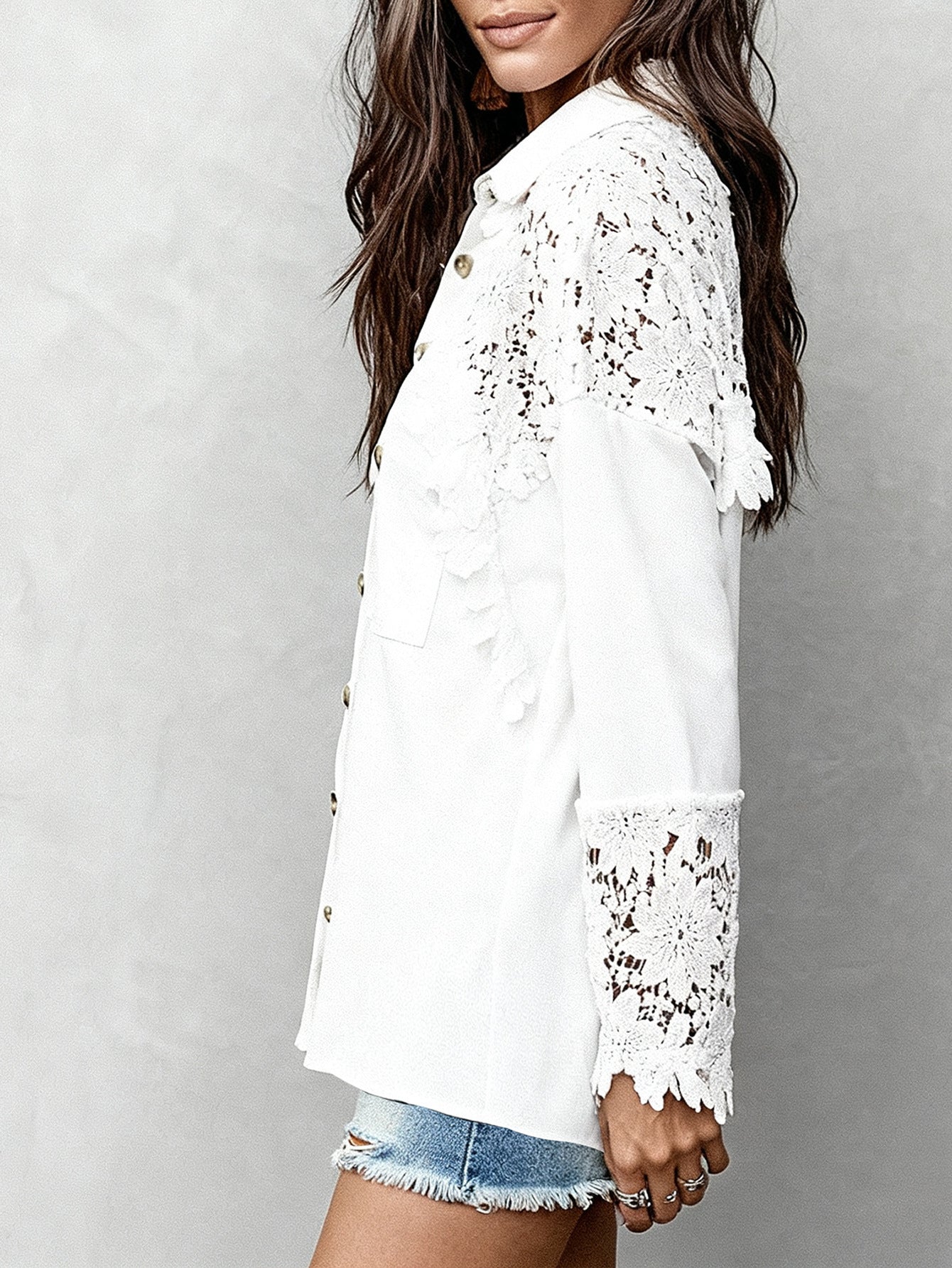 Spring french lace trim collared shirt top