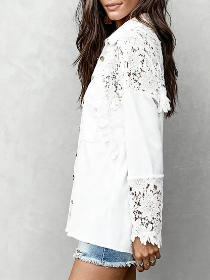 Spring french lace trim collared shirt top