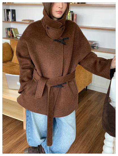 Women Wool Horn-Button Belted Funnel Coat
