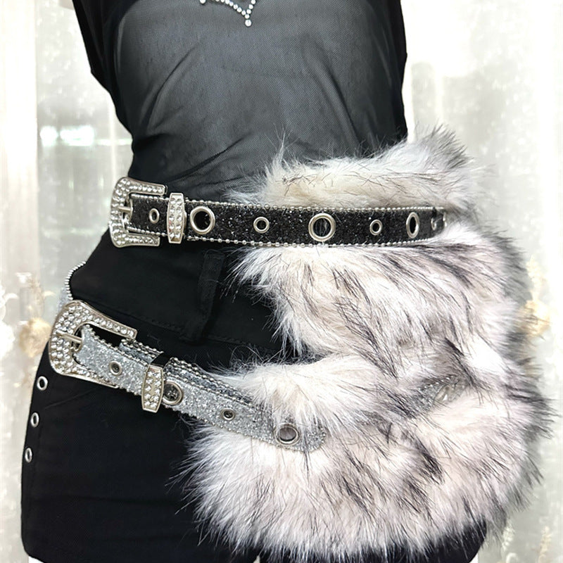Faux fur diamond waist belt women y2k rhinestone punk style