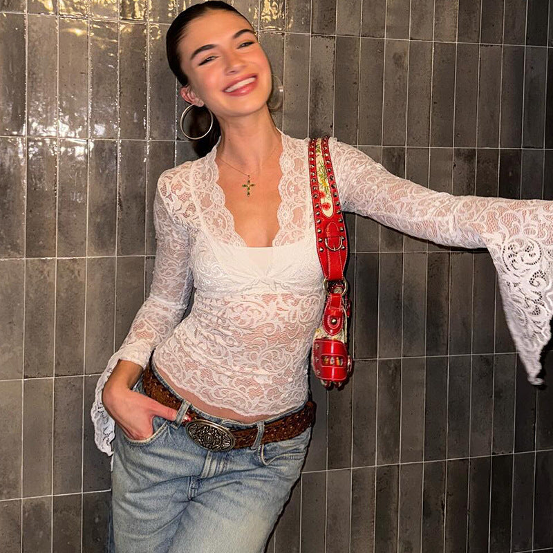 Deep V Lace Top Women Sheer Slim Fit Bell Sleeve Blouse