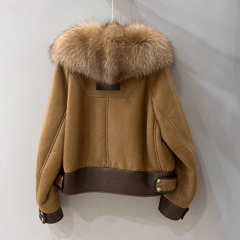 Women Real Fur Bomber Jacket Genuine Sheepskin with Fox Fur Collar