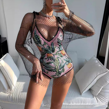 Mesh rhinestone long sleeve festival dress