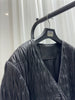 Women Leather Pleated Jacket Quilted V-Neck Short Coat