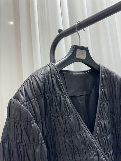 Women Leather Pleated Jacket Quilted V-Neck Short Coat
