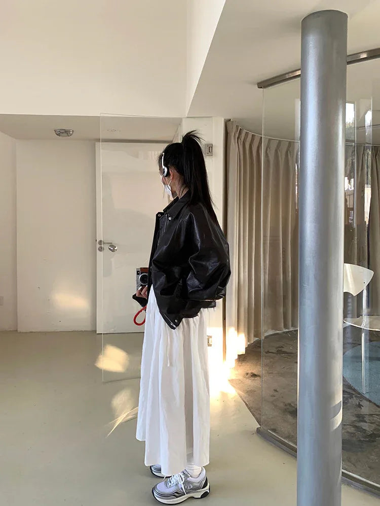 Women Oil-Waxed Oversized Genuine Sheepskin Leather Jacket