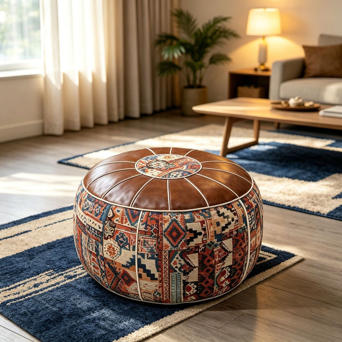 Storage Ottoman with Pumpkin Shape and Retro Patchwork Design