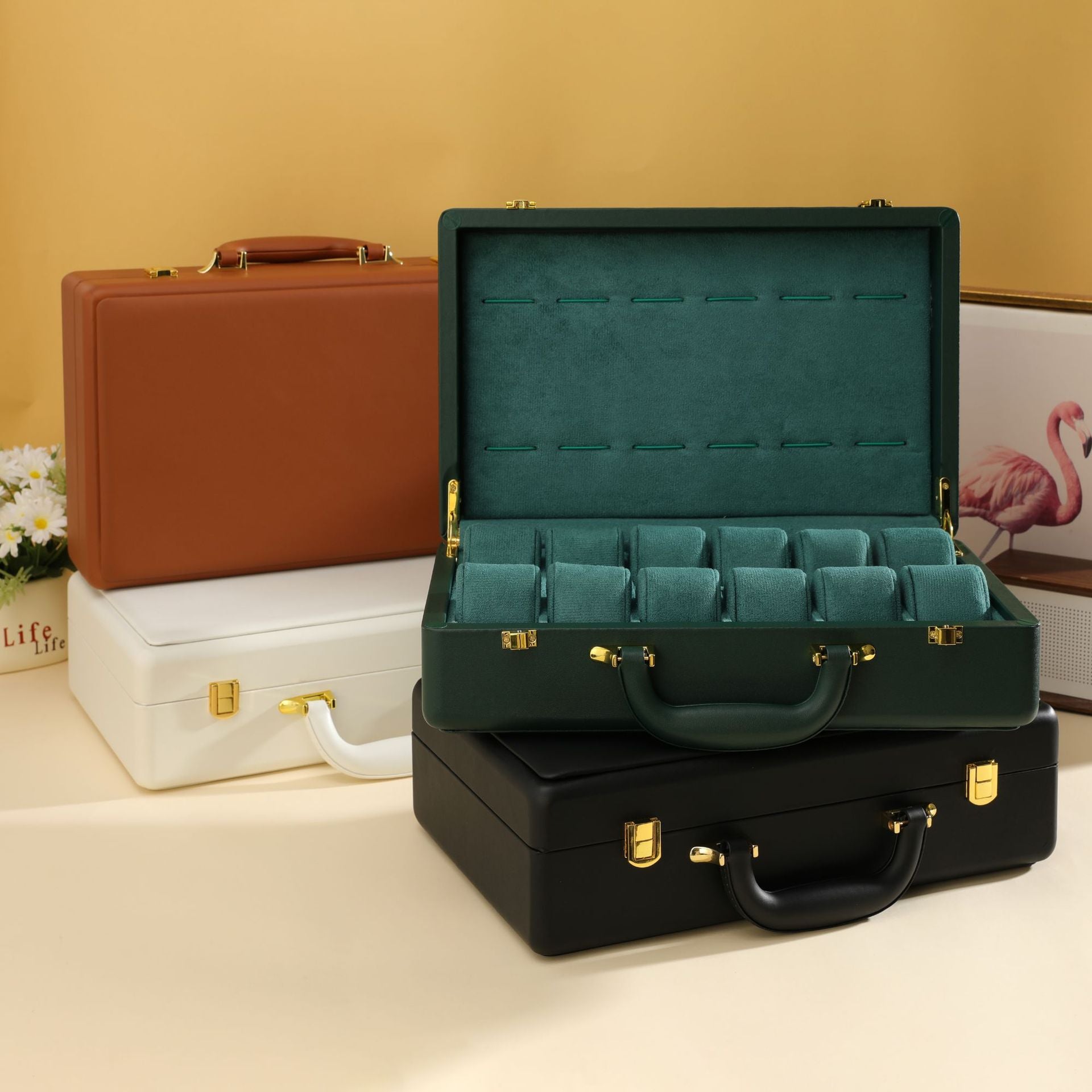 leather watch box brown storage with gold clasp