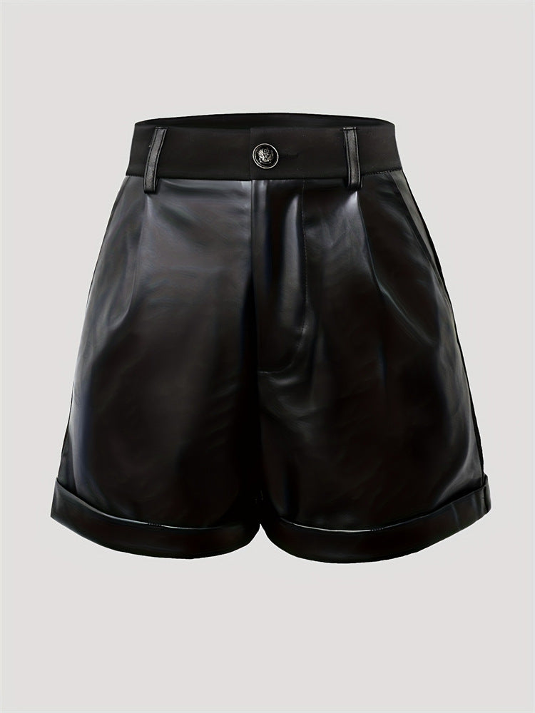 Black Faux Leather High Waisted Shorts for Women with Folded Hem