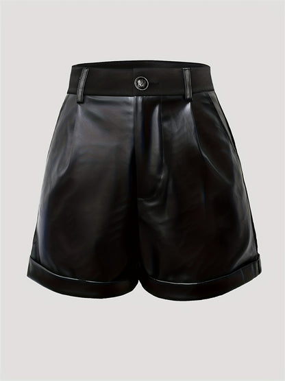 Black Faux Leather High Waisted Shorts for Women with Folded Hem