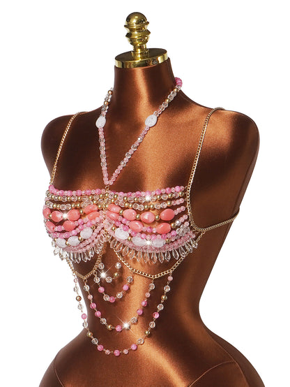 Pink Crystal Body Chain Bralette with Beaded Tassel Drapes
