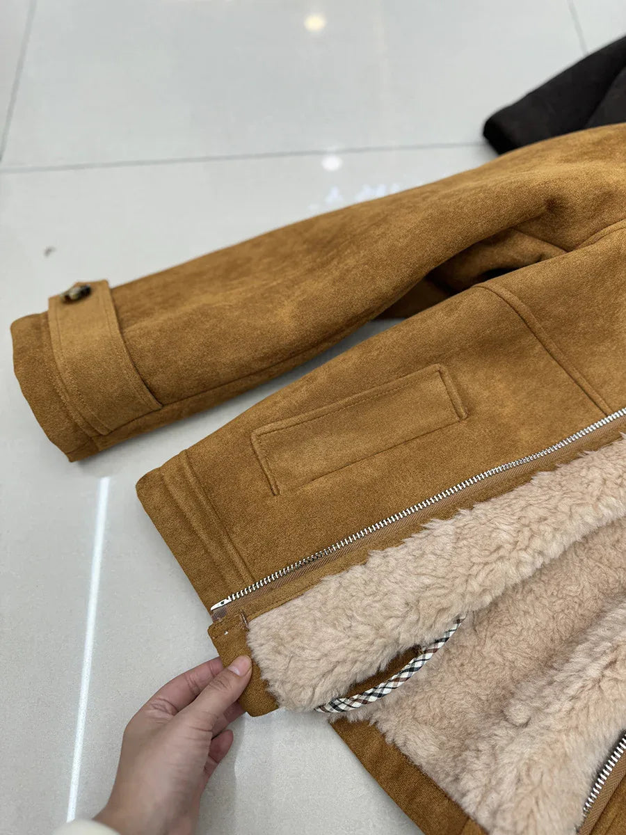 Women’s Suede Lambswool Fur Jacket Winter