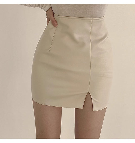 Faux Leather Skirt Zipper Back Split Hem