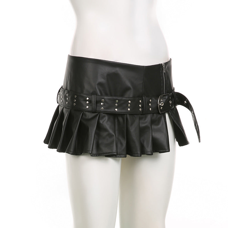 Imitation Leather Belted Mini Skirt