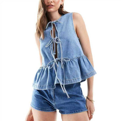 Sleeveless Lace-Up Denim Top