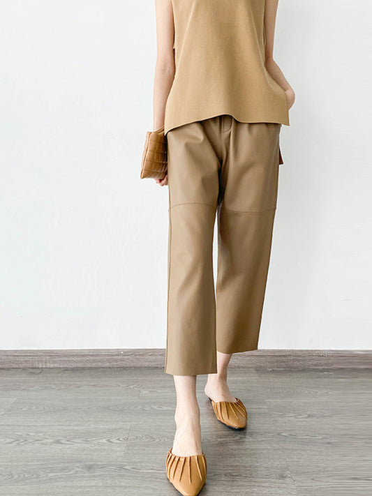 Women Italian Leather Carrot Pants Cropped Straight Leg Elastic Waist