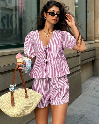 Striped Bow Embroidery Summer Two-Piece Set
