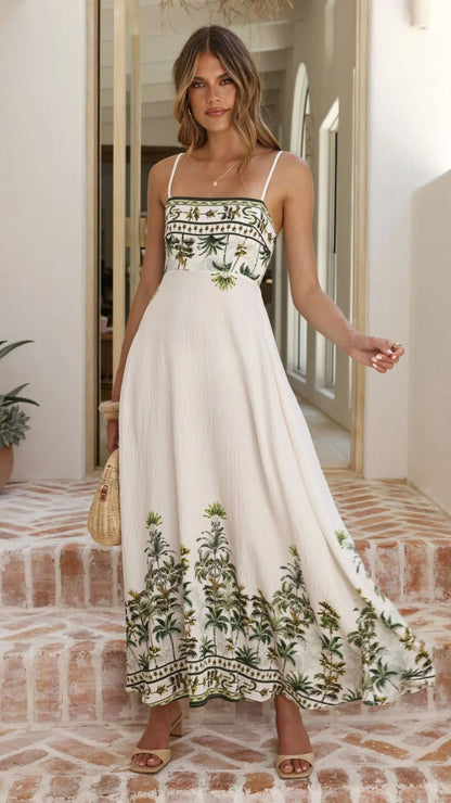 Tropical Palm Print Spaghetti-Strap Empire-Waist Maxi Beach Dress