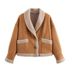 Retro camel shearling lapel winter coat women