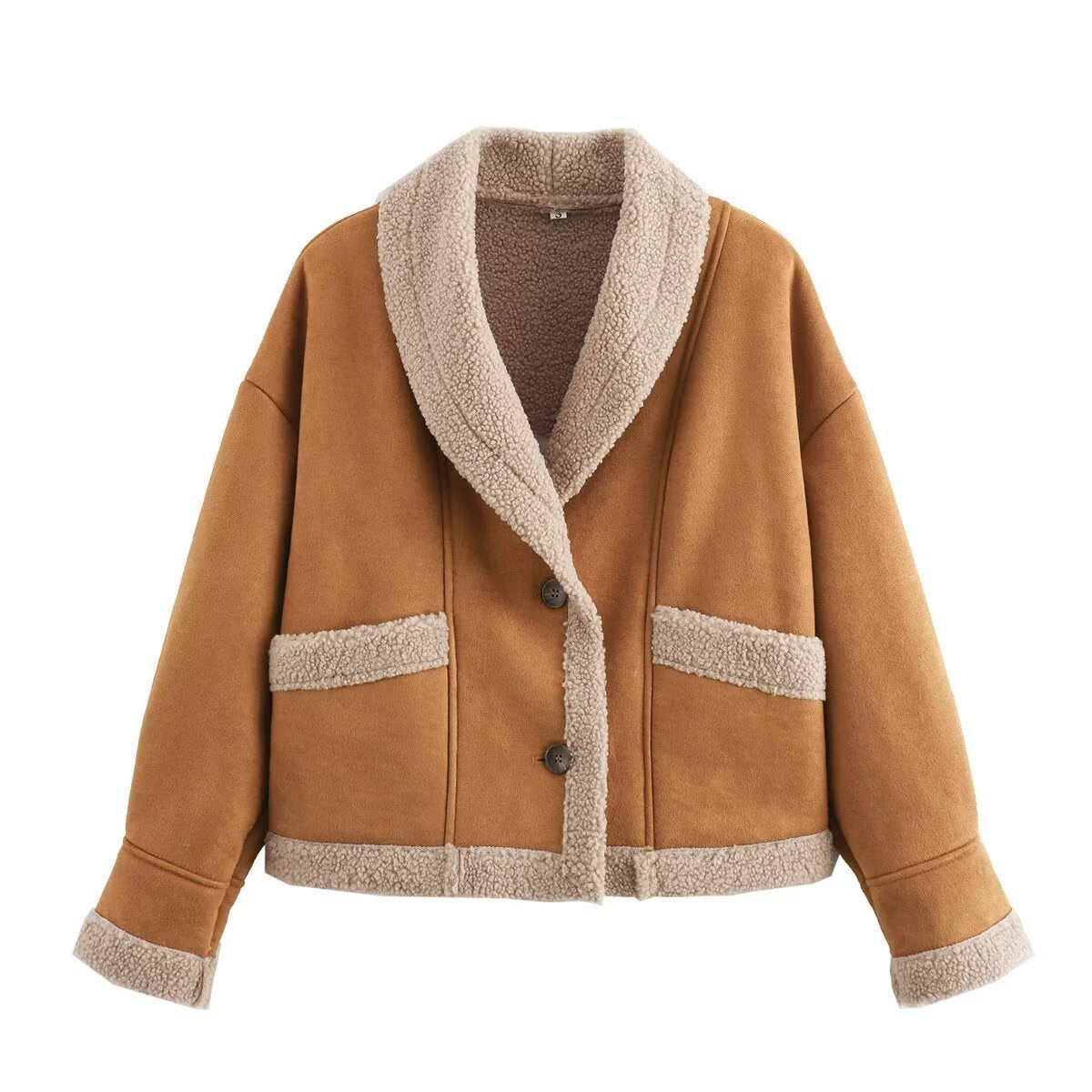 Retro camel shearling lapel winter coat women
