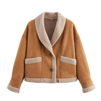 Retro camel shearling lapel winter coat women