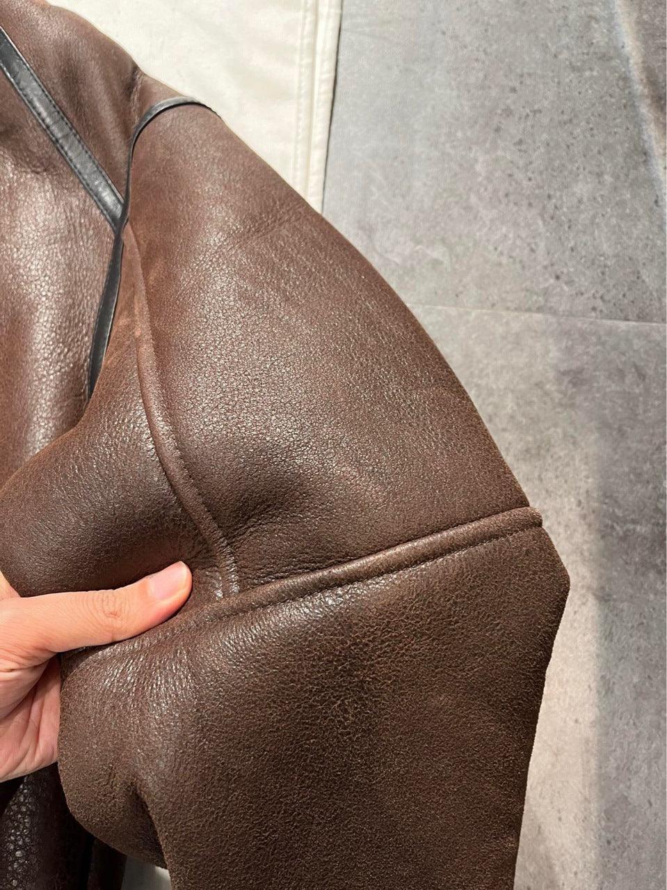 Brown High Waist Moto Style Leather Bomber Jacket with Black Fur Collar