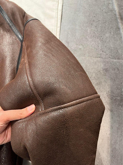 Brown High Waist Moto Style Leather Bomber Jacket with Black Fur Collar