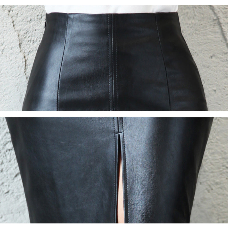 Women's Black High Waist PU Leather Slit Pencil Skirt