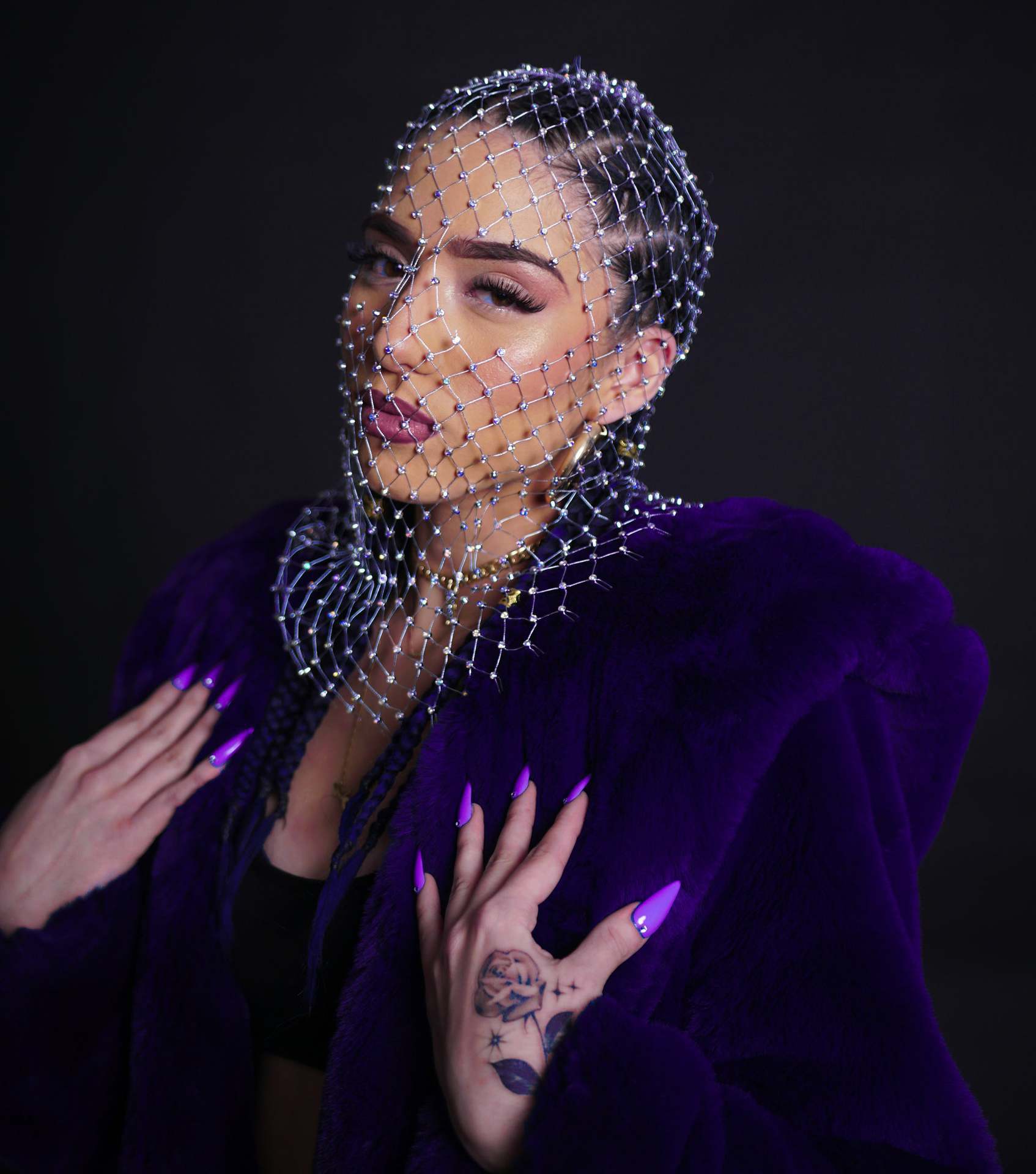 Rhinestone mesh hood women crystal net face cover festival