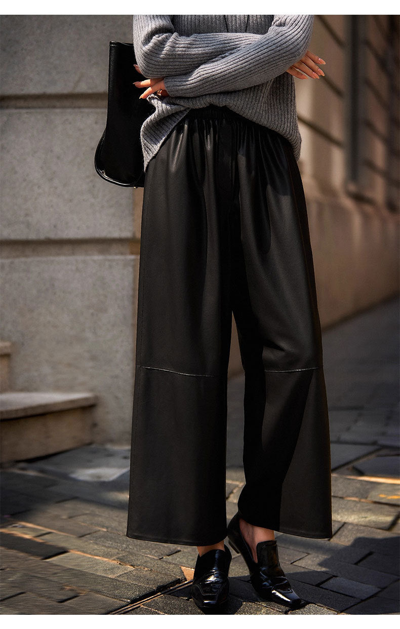 High waist cropped leather wide leg pants